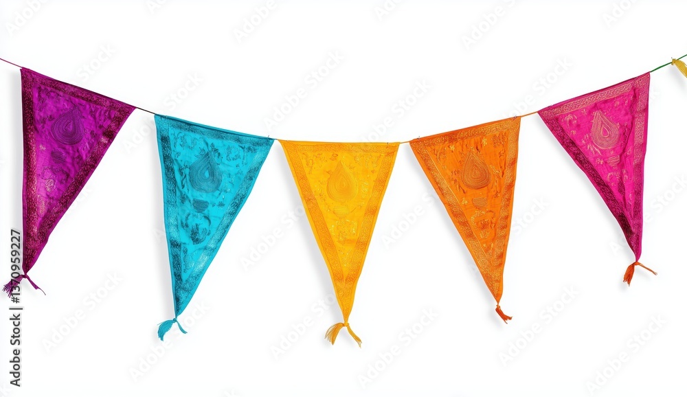 Poster colorful festive flags: a string of vibrant triangular flags in a range of radiant colors dances acr