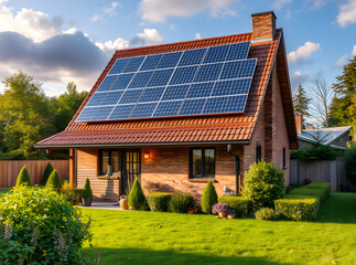 Fototapeta premium Solar Panels on a Futuristic Eco-Home with Clean Energy, Modern Sustainable House Under Blue Sky 22