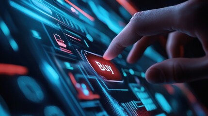 Finger activating digital buy button, showcasing online transaction technology