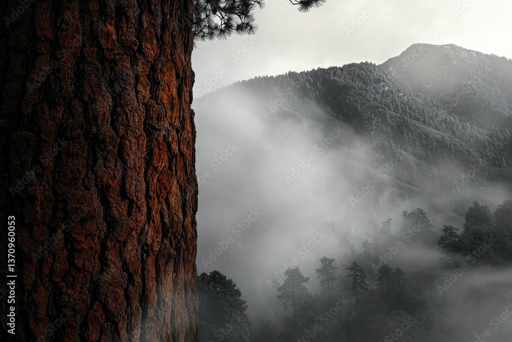 Poster a large tree trunk stands in focus, partially obscuring a misty mountain range covered in coniferous