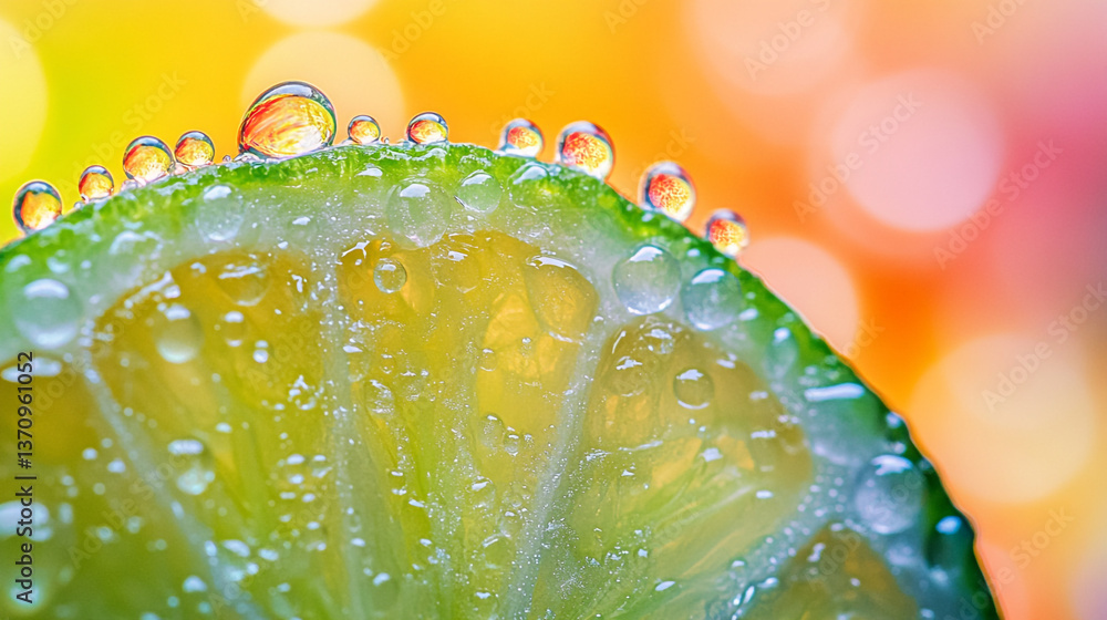Poster close up of a lime slice with water droplets on the rind against a colorful blurred background