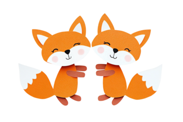 Cute and Playful Cartoon Foxes Embracing Each Other with Happy Expressions, Colorful Paper Cut Style, Ideal for Children’s Artwork or Educational Materials