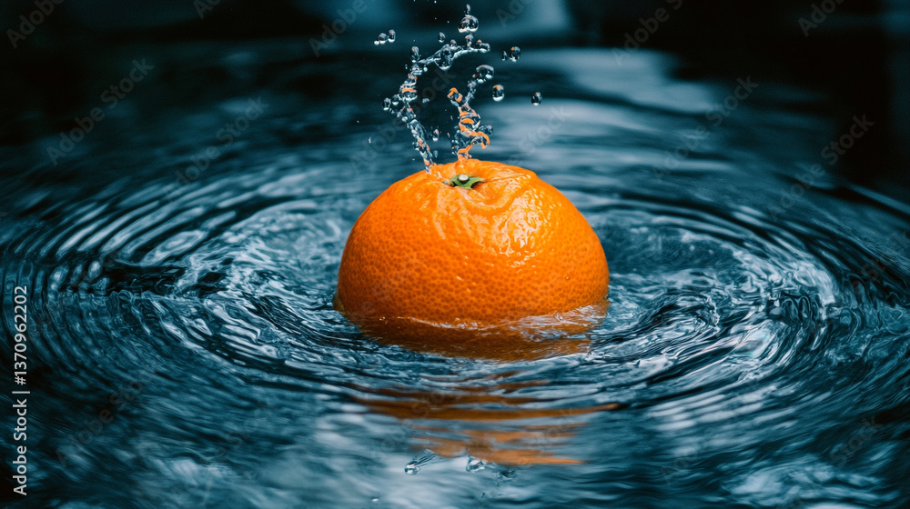 Poster an orange fruit floating in water with ripples and splashes creating a dynamic and refreshing scene