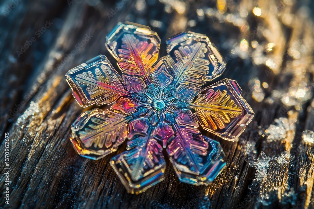 Poster a vibrant macro shot of a snowflake on a weathered wooden surface, displaying intricate, iridescent 