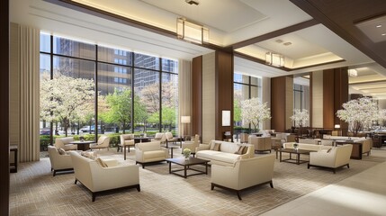 Luxurious hotel lobby with ample seating, large windows, and elegant decor