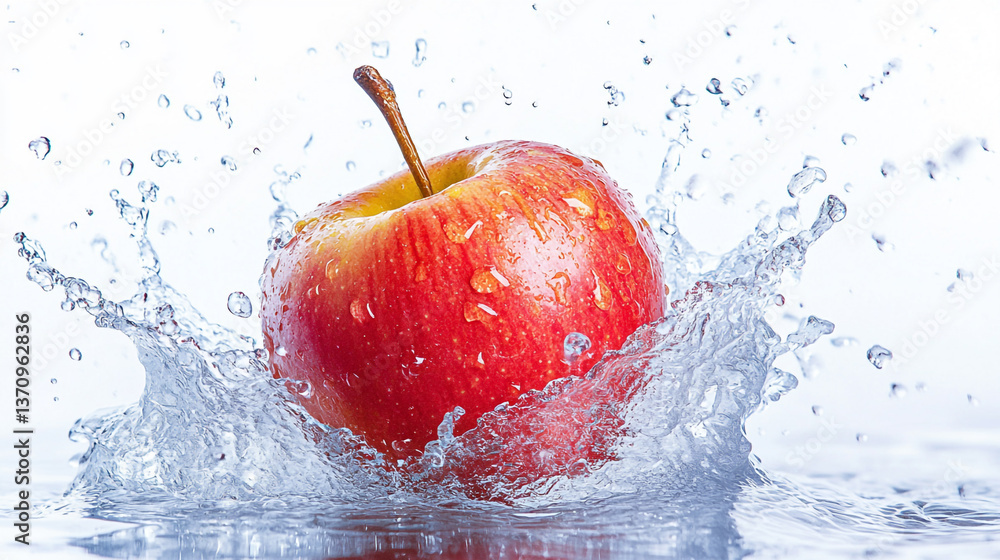 Poster a red apple with water droplets is splashing into a pool of water on a white background in studio sh