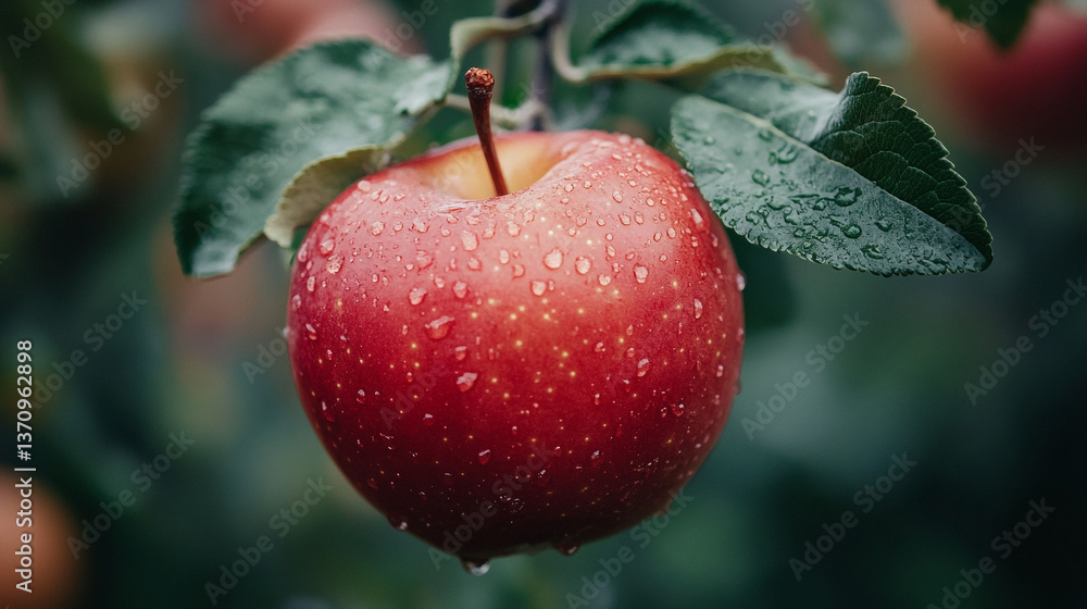 Poster a close up of a red apple hanging from a tree branch with water droplets on it and green leaves arou