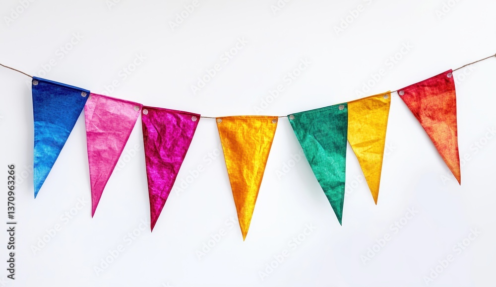 Poster festive flags of color: vibrant pennant flags in a spectrum of rainbow hues, suspended on a string, 