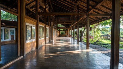 Long covered walkway, artwork, wooden beams, sunlight, garden view.