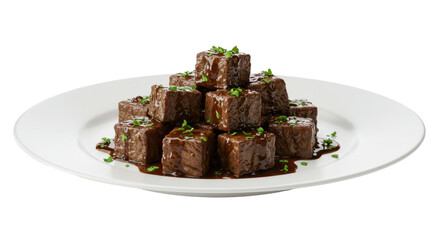 Isolated Beef Stew Cubes on a White Plate
