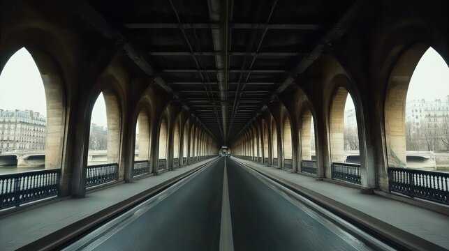 Straight asphalt road under an arched bridge, urban exploration, unique view.