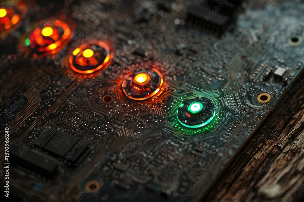 Poster a close-up of a circuit board with illuminated components in orange and green colors, complex and fu