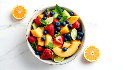 A vibrant fruit salad, a delightful mix of fresh strawberries, cantaloupe, blueberries, and lime wedges, served in a rustic bowl.