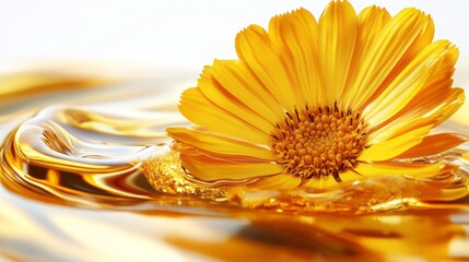 Bright yellow calendula flower floating on golden liquid surface