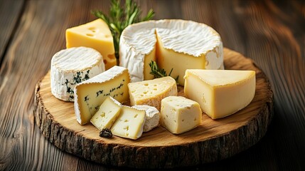 Various kinds of cheese arranged on a circular wooden platter