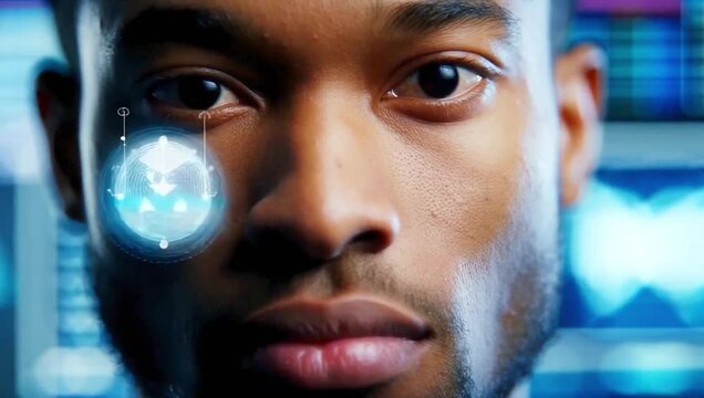 Close-up of a futuristic biometric facial scan analyzing a man's face in a high-tech lab. Ideal for AI, identity verification, cybersecurity, and advanced technology concepts