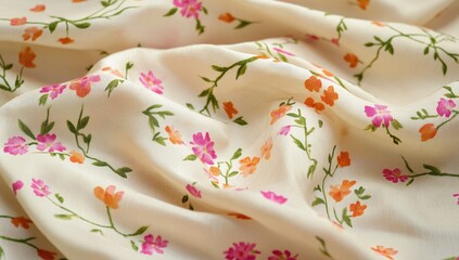Cute, small floral pattern in shades of pink, orange, and green on a cream background.