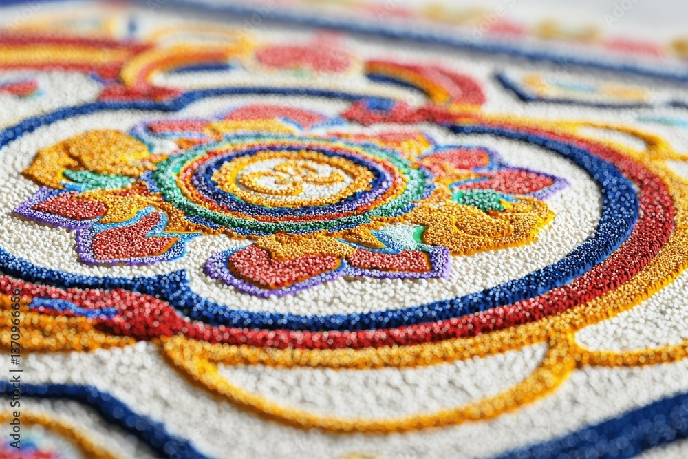 Poster detailed macro shot of a vibrant, textured, colorful mandala-like design with intricate patterns and