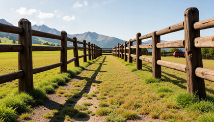 Scenic rustic wooden fence spanning grassy field with mountains, nature's beauty
