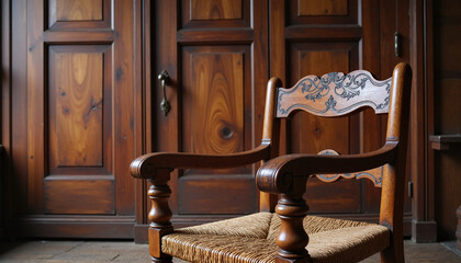 Rustic wooden chair with intricate carvings against wooden backdrop, craftsmanship