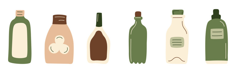 Abstract bottles products set, drinks, milk, juice in package, oil, sauce from supermarket or farmer market in zero-waste packaging for eco-friendly design. Vector illustration in organic flat style.