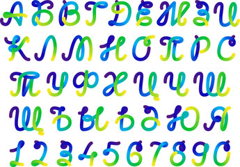Vivid color font alphabet and 3d numbers. Cursive round paint game typo, holographic ribbon. Folded line fusion type, flexible intersection tube. Trendy pop vector wave, neon liquid book cover script