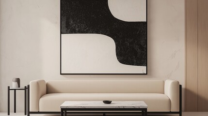 Photorealistic modern living room featuring a large minimalist black and white abstract oil painting. The painting is framed in a sleek black wood frame and centered above a modern beige linen sofa.