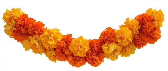 Marigold Garland: A vibrant garland of marigold flowers arranged in a graceful arc, showcasing the rich colors and textures of these traditional blooms.