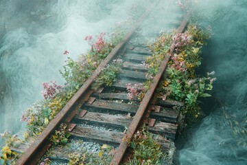 Abandoned train tracks overgrown with colorful wildflowers, shrouded in a misty fog, creating a surreal and serene atmosphere.