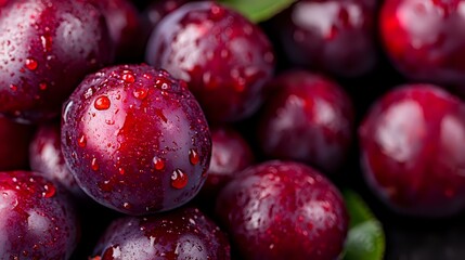 Fresh ripe plums with water drops on dark purple skin, macro shot showing juicy fruit texture and natural moisture in dramatic lighting with selective focus.