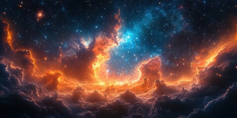 Naklejka premium Stunning cosmic landscape featuring vibrant colors and swirling clouds in outer space at the edge of a nebula