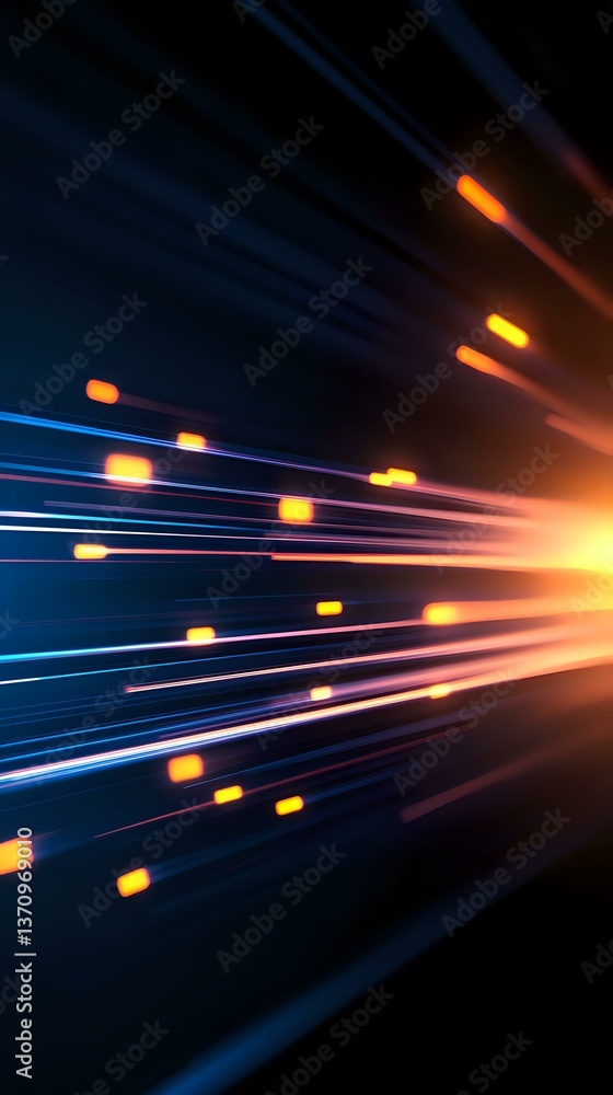 Poster dynamic light trails with glowing orange particles streaming against dark blue background create fut
