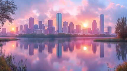 Fototapeta premium Houston Sunrise Skyline Reflection.