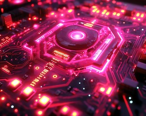 Fototapeta premium Pink Neon Circuit Board Closeup.