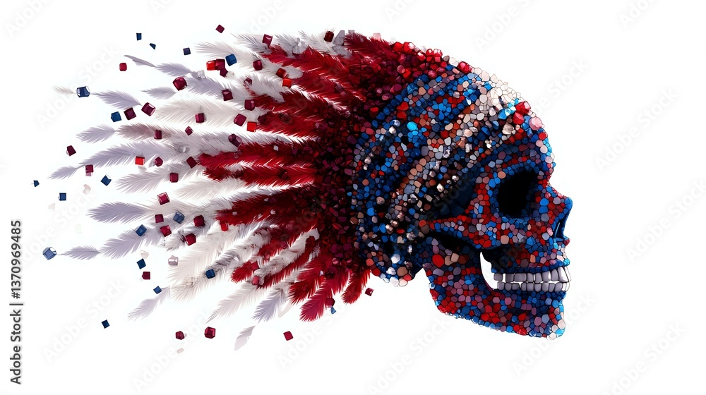 Poster artistic skull dissolving into red and blue particles on white background, side view profile showing