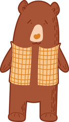 Adorable cartoon bear stands wearing a checkered vest. The simple vector illustration features a brown bear with a sweet expression, ideal for children's designs and playful themes.