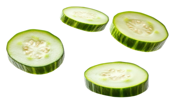 Freshly sliced cucumber pieces arranged artistically on a transparent background
