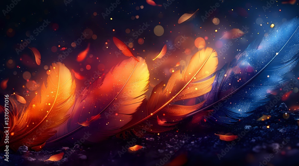 Aufkleber magical glowing feathers in orange and blue colors floating in dark space with sparkles and bokeh li