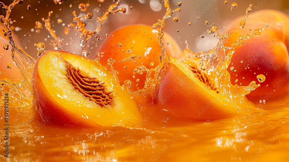 Aufkleber close up of sliced peaches with juice splashing around them in a bright and vibrant composition