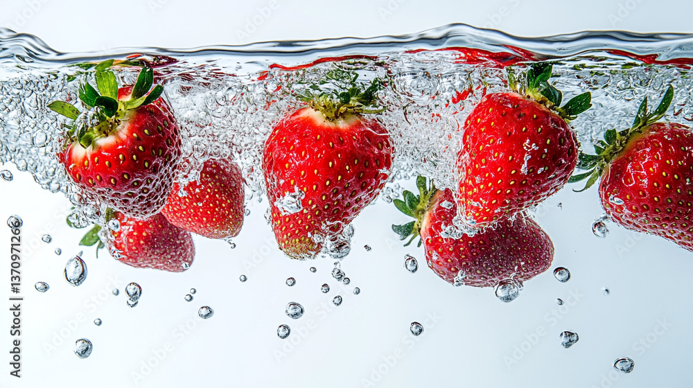 Poster fresh strawberries splashing into clear water with bubbles creating a refreshing visual effect
