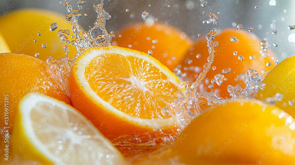 Poster close up of oranges and lemons with water splashing on them in a bright and vibrant scene