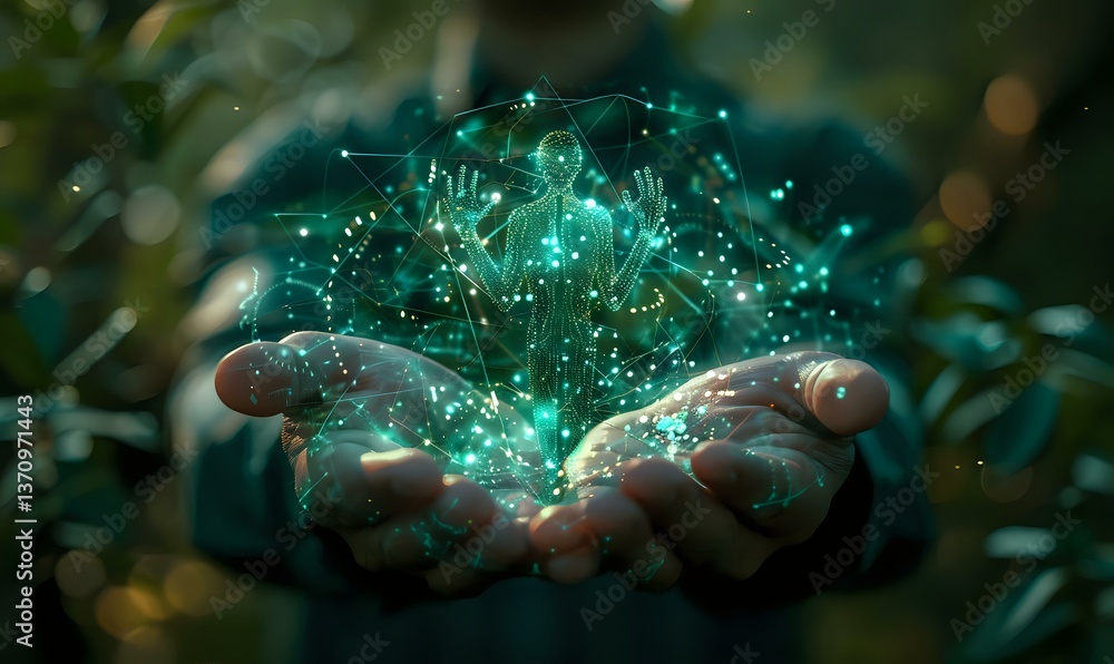 Poster magical glowing turquoise particles and light streams float above cupped hands in dark environment, 