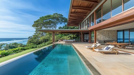 Fototapeta premium Oceanfront house, infinity pool, lounge chairs, tropical view.