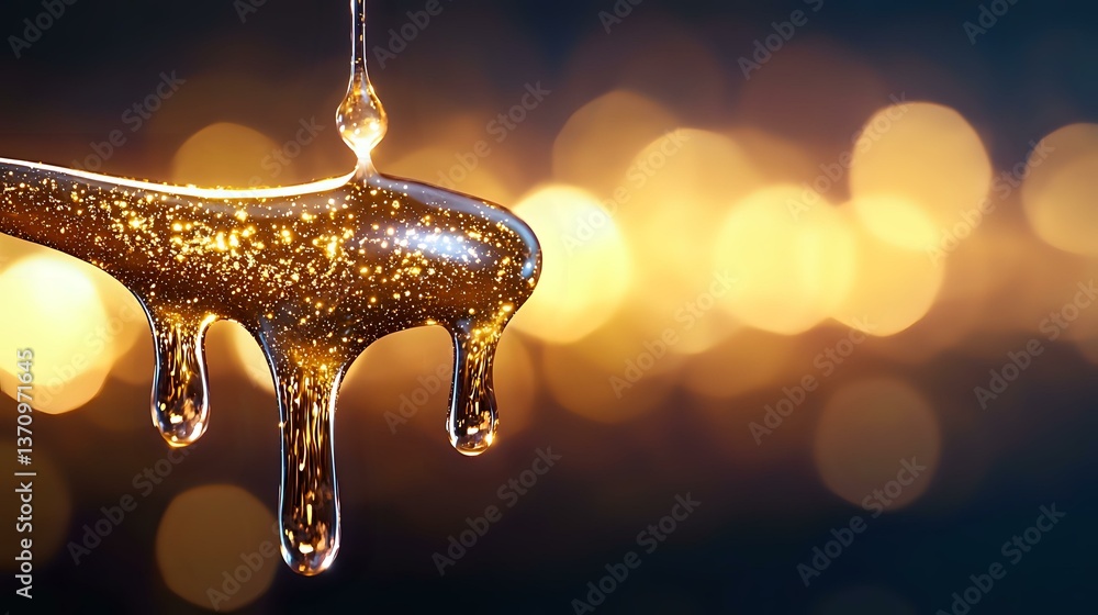 Poster golden honey drips in sunlight with water drops falling, creating magical bokeh effect in background