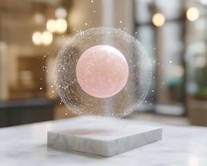 Pink sphere with marble, and abstract art.