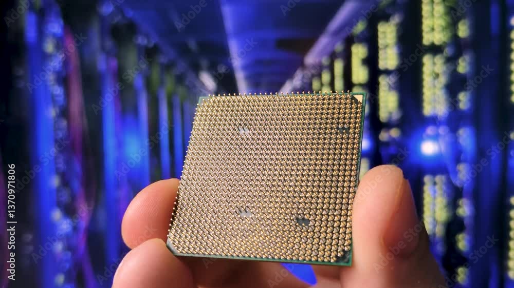Poster a processor that is held with fingers. its lower part is visible with a lot of small metal contacts.
