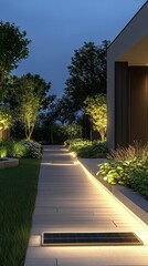 Obraz premium Nighttime garden path, illuminated, modern house.