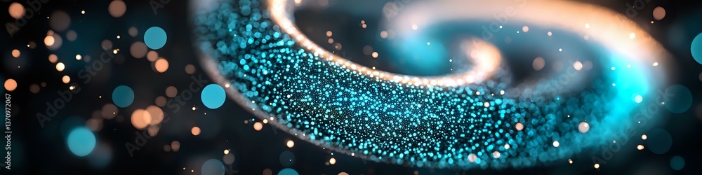 Poster glowing turquoise particles swirl in spiral formation against dark background with bokeh light effec
