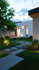 Modern house, landscaped yard, stone path, evening light.