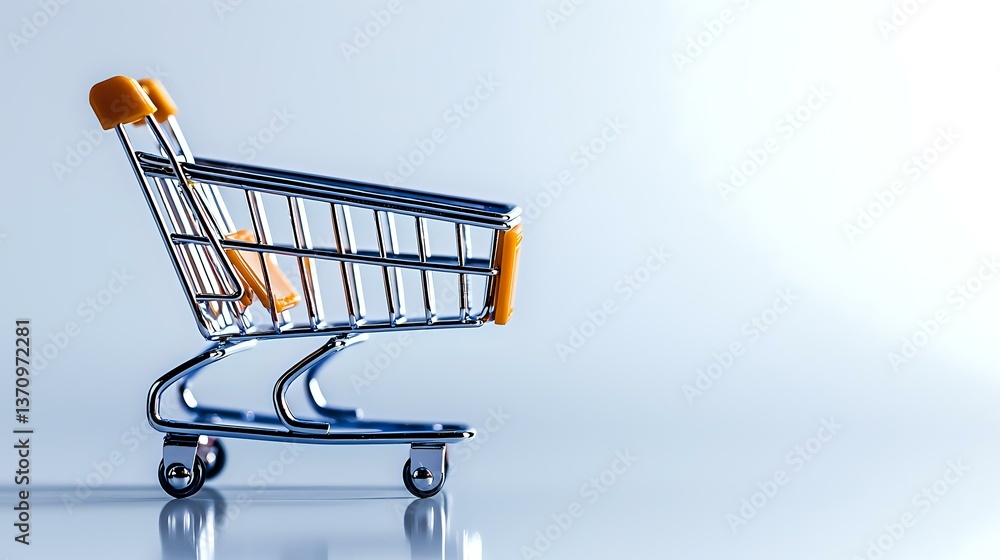 Poster empty shopping cart on light background with soft shadow, minimalist composition representing retail